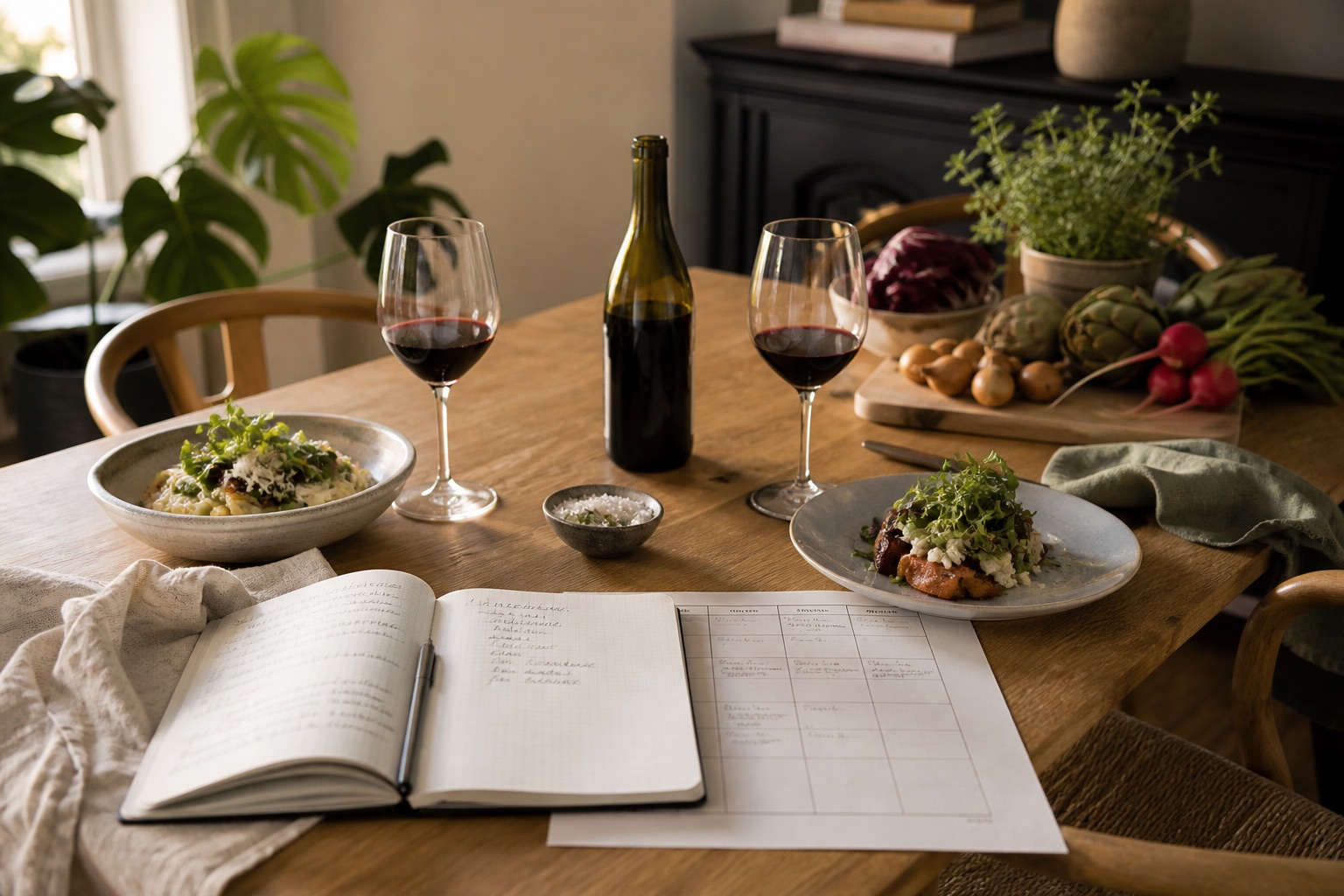 Planlæg en gæstemenu med opskrifter, indkøbsliste og vin